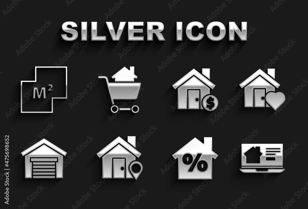 Set Location with house, House heart shape, Online real estate, percant discount, Garage, dollar symbol, plan and Shopping cart icon. Vector Set Location with house, House heart shape, Online real estate, percant discount, Garage, dollar symbol, plan and Shopping cart icon. Vector