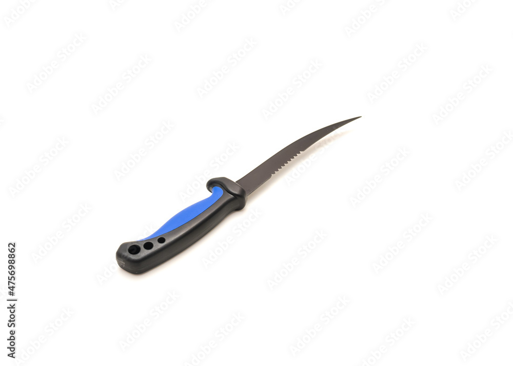 Close-up black coated sharp stainless steel blade filet knife isolated on fishing white fillet tool Close-up black coated sharp stainless steel blade filet knife isolated on fishing white fillet tool