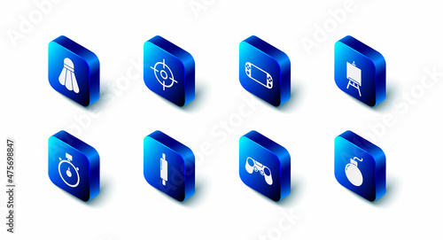 Set Target sport, Portable video game console, Easel painting art boards, Bomb ready to explode, Gamepad, Rolling pin, Stopwatch and Badminton shuttlecock icon. Vector