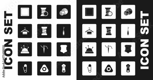 Set Yarn ball, Sewing thread, Hanger wardrobe, Pattern, Awl tool, and button, Leather and Needle bed needles icon. Vector