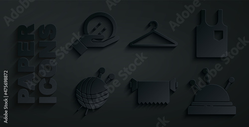 Set Textile fabric roll, Sleeveless T-shirt, Yarn ball with knitting needles, Needle bed and, Hanger wardrobe and Sewing button icon. Vector