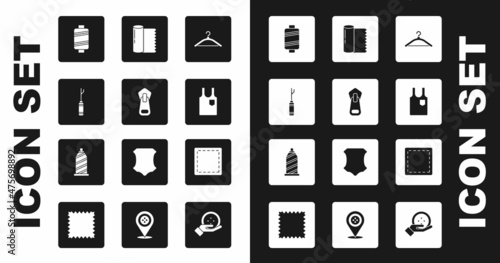 Set Hanger wardrobe, Zipper, Awl tool, Sewing thread, Sleeveless T-shirt, Textile fabric roll, Pattern and icon. Vector