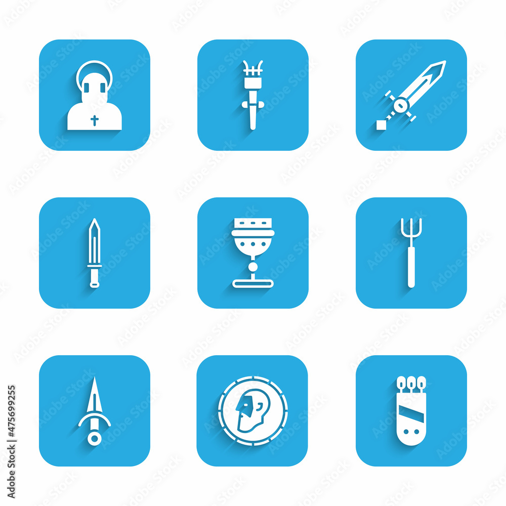 Set Medieval goblet, Ancient coin, Quiver with arrows, Garden pitchfork, Dagger, sword, and Monk icon. Vector Set Medieval goblet, Ancient coin, Quiver with arrows, Garden pitchfork, Dagger, sword, and Monk icon. Vector