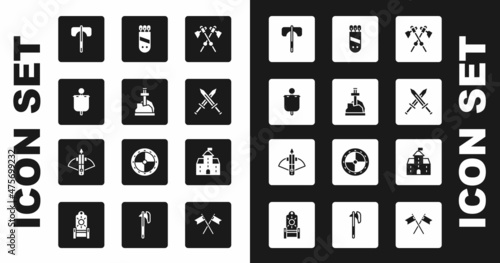 Set Crossed medieval axes, Sword in the stone, Medieval flag, sword, Quiver with arrows, Castle, fortress and Battle crossbow icon. Vector