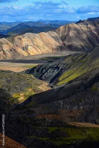 The rugged volcanic landscape of Landmannalaugar as seen from the hiking trail through the Laugahraun lava field at the foot of Brennisteinsalda volcano, Fjallabak Nature Reserve, Iceland  © Pedro