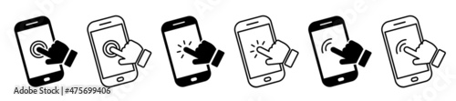 Set of mobile phone touch screen icons with hand. Smartphone symbol, click on the smartphone. Smartphone touchscreen tap signs. Vector illustration.