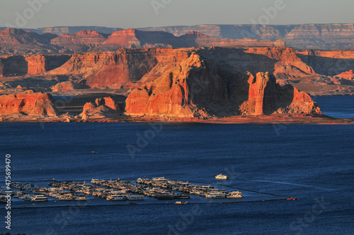 Sunset view of Wahweap Marina and the buttes and mesas around Lake Powell, over the border in Utah, from the Wahweap Overlook, near Page, Glen Canyon National Recreation Area, Arizona, Southwest USA photo