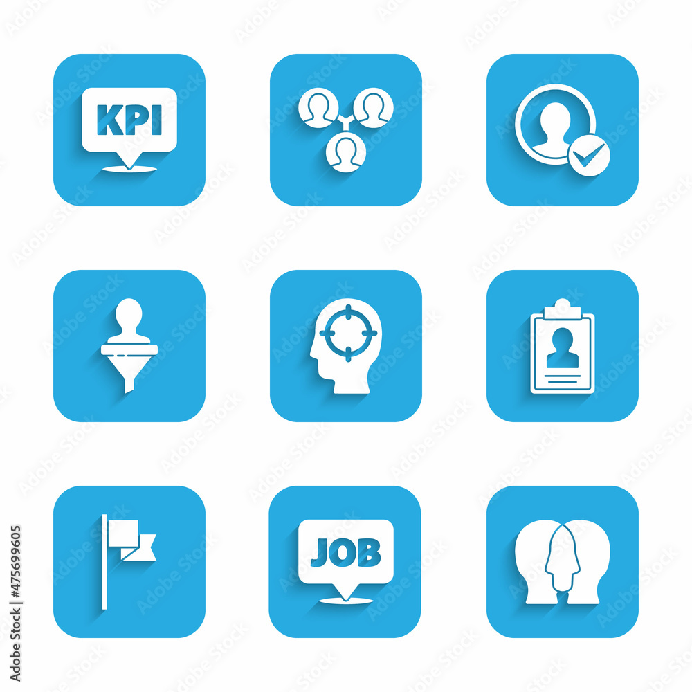 Set Head hunting, Speech bubble with job, Project team base, Clipboard resume, Location marker, Create account screen and Key performance indicator icon. Vector Set Head hunting, Speech bubble with job, Project team base, Clipboard resume, Location marker, Create account screen and Key performance indicator icon. Vector
