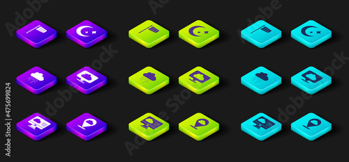 Set Weather forecast, Location cloud, Cloud with rain, Moon and stars and Cone windsock wind vane icon. Vector