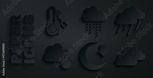 Set Moon, Cloud with rain, Sun and cloud weather, and Meteorology thermometer icon. Vector