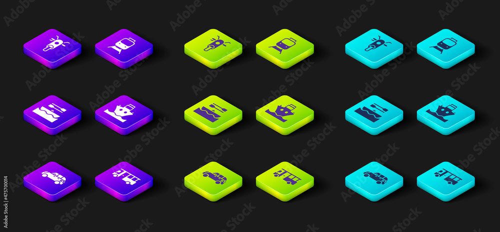 Set Hatchback car, Bus, Boat with oars, Cargo ship, Train and railway and Scooter icon. Vector Set Hatchback car, Bus, Boat with oars, Cargo ship, Train and railway and Scooter icon. Vector