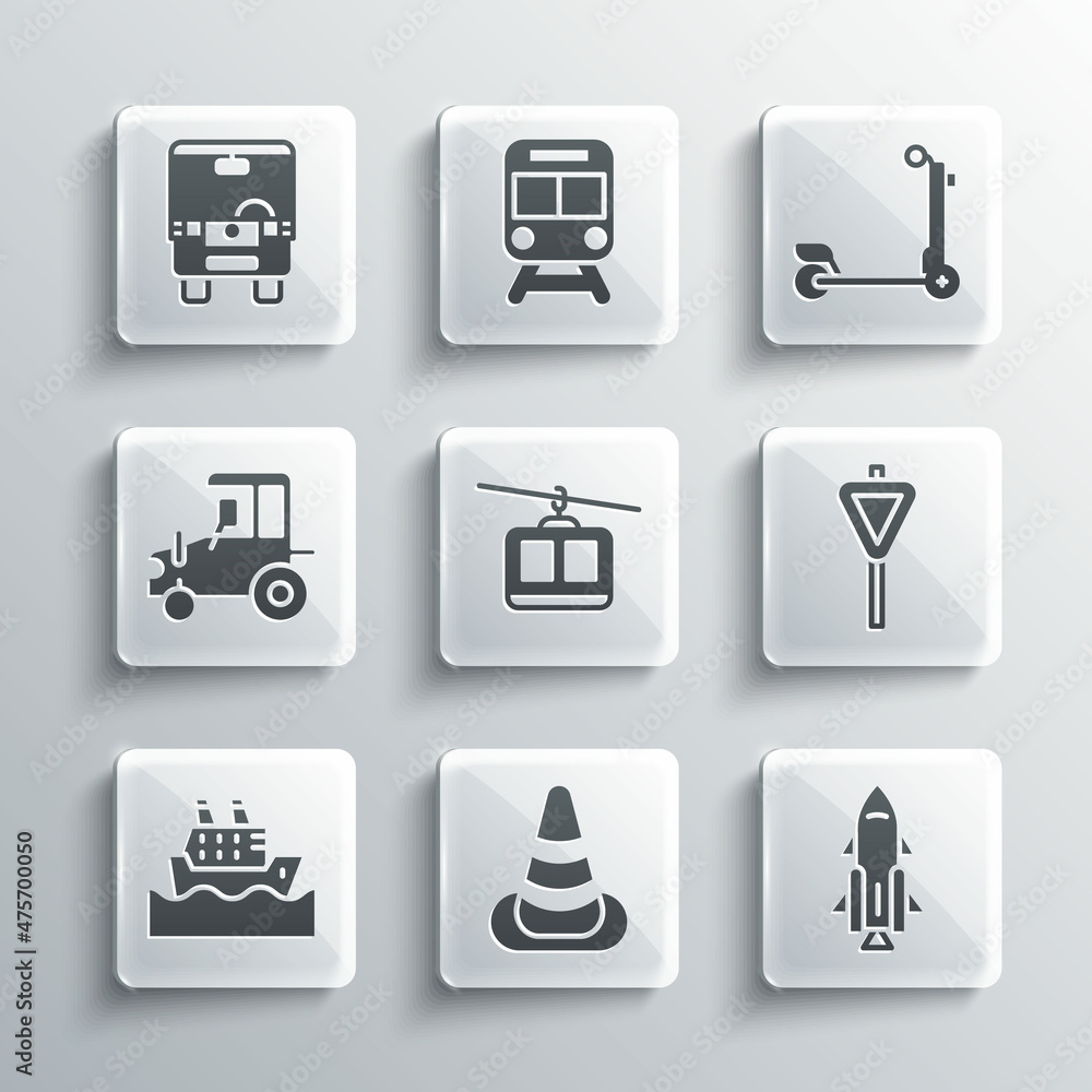 Set Traffic cone, Rocket ship with fire, Road traffic signpost, Cable car, Cruise, Tractor, Bus and Scooter icon. Vector Set Traffic cone, Rocket ship with fire, Road traffic signpost, Cable car, Cruise, Tractor, Bus and Scooter icon. Vector