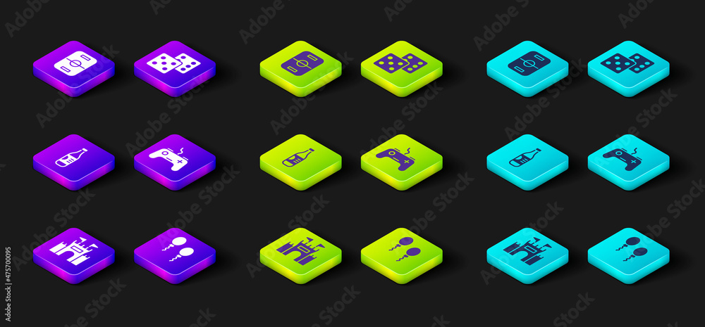 Set Castle, Balloons, Bottle of water, Gamepad, dice and Hockey table icon. Vector Set Castle, Balloons, Bottle of water, Gamepad, dice and Hockey table icon. Vector