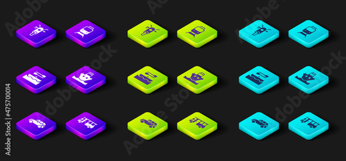 Set Hatchback car, Bus, Boat with oars, Cargo ship, Train and railway and Scooter icon. Vector