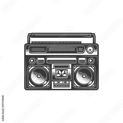 Original vector illustration in vintage style. Boombox. Retro icon portable stereo radio cassette player. T-shirt design. Design element.