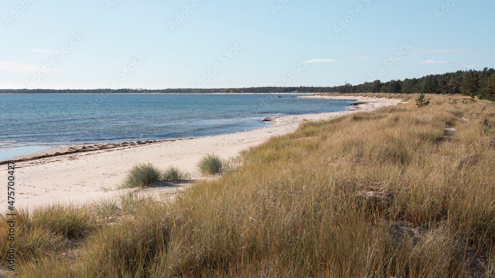 Coastal panorama at Lyckesand beach with ocean on the island of Oland in the east of Sweden.