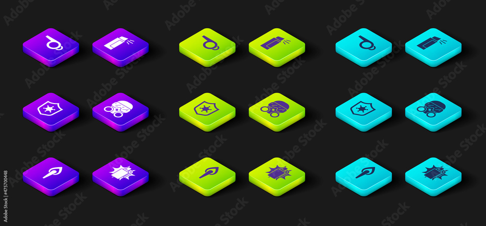 Set Torch flame, Hand grenade, Police badge, Gas mask, Pepper spray and Whistle icon. Vector Set Torch flame, Hand grenade, Police badge, Gas mask, Pepper spray and Whistle icon. Vector
