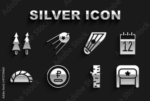 Set Rouble, ruble currency, Calendar 12 june, Ushanka, Birch tree, Dumpling, Kankles, Christmas and Satellite icon. Vector