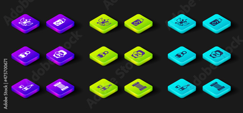 Set Bottle of vodka with glass, Accordion, Russian doll matryoshka, Joseph Stalin, Pickled cucumbers jar and National emblem icon. Vector