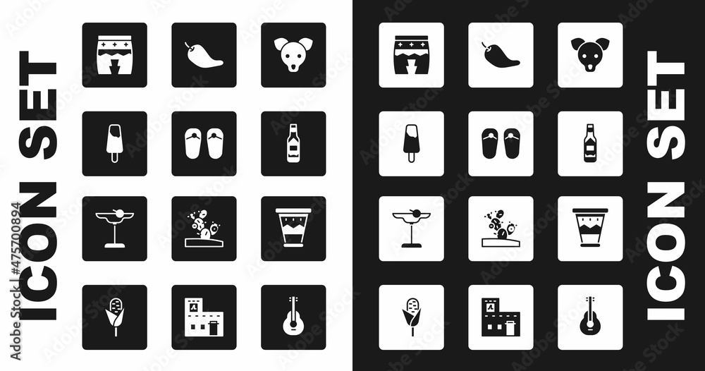 Set Dog, Flip flops, Popsicle ice cream, Huehuetl, Tabasco sauce, Hot chili pepper pod, Mexican drum and Margarita cocktail icon. Vector Set Dog, Flip flops, Popsicle ice cream, Huehuetl, Tabasco sauce, Hot chili pepper pod, Mexican drum and Margarita cocktail icon. Vector