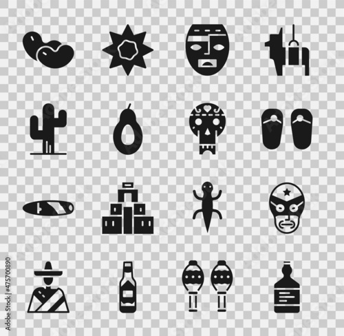 Set Tequila bottle, Mexican wrestler, Flip flops, Aztec mask, Avocado, Cactus, Beans and skull icon. Vector