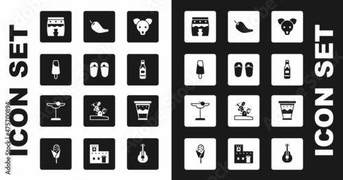 Set Dog, Flip flops, Popsicle ice cream, Huehuetl, Tabasco sauce, Hot chili pepper pod, Mexican drum and Margarita cocktail icon. Vector