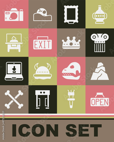 Set Hanging sign with Open, Rock stones, Ancient column, Picture, Exit, Glass showcase for exhibit, Photo camera and King crown icon. Vector