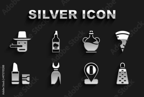 Set Woman dress, Slice of pizza, Grater, Location flag Italy, Lipstick, Bottle olive oil, Pinocchio and icon. Vector
