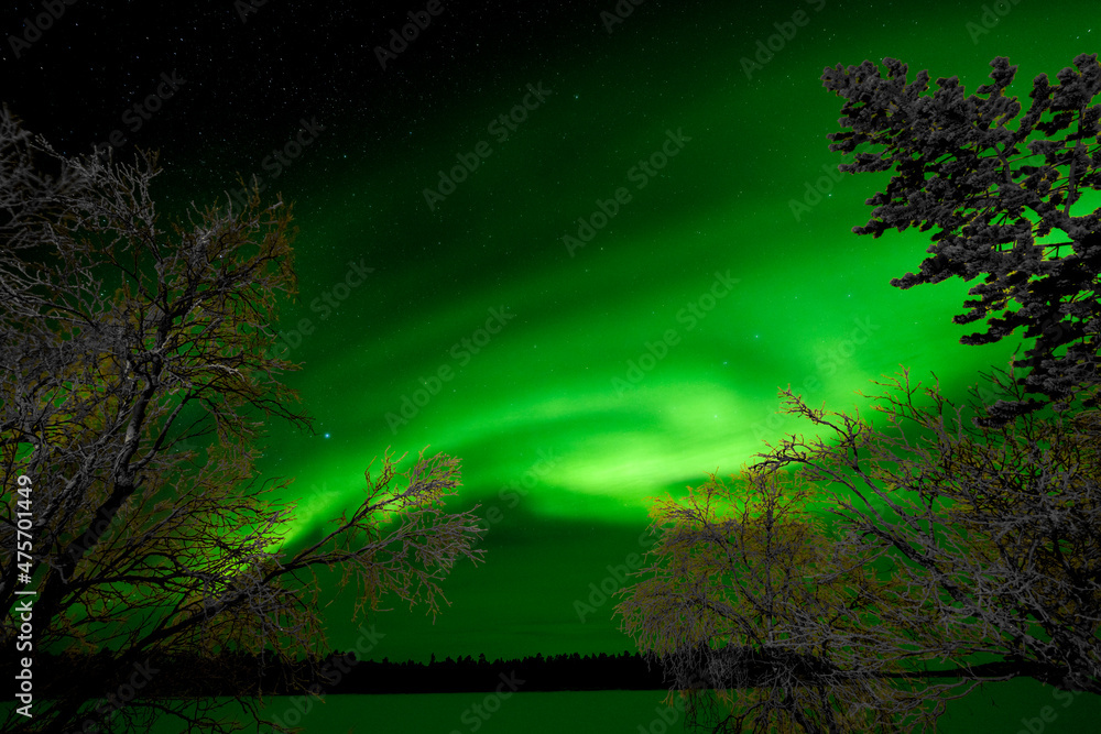 Aurora Borealis, or Northern Lights at Lake Inari, Finnish Lapland