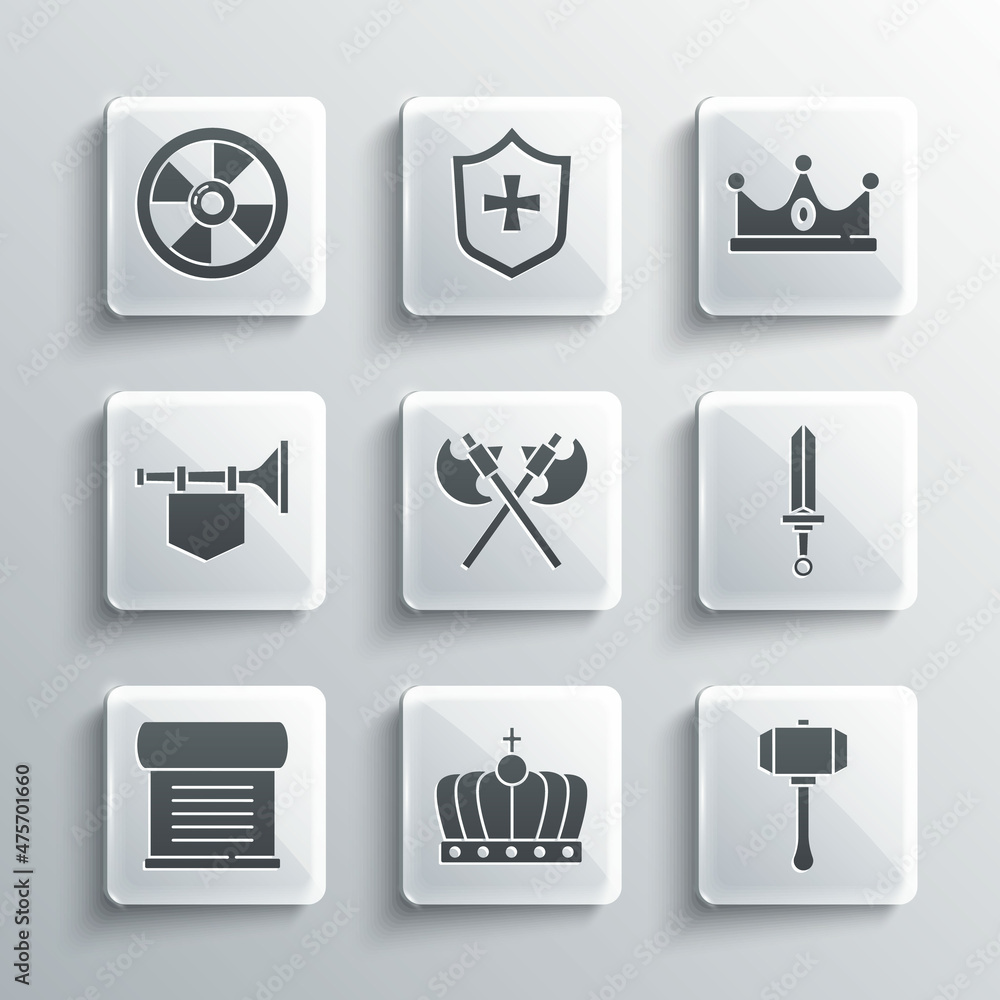 Set King crown, Hammer, Medieval sword, Crossed medieval axes, Decree, parchment, scroll, Trumpet with flag, Round wooden shield and icon. Vector Set King crown, Hammer, Medieval sword, Crossed medieval axes, Decree, parchment, scroll, Trumpet with flag, Round wooden shield and icon. Vector