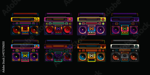 An original vector collection in a vintage style. Retro portable stereo cassette recorder in different colors.