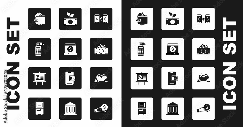 Set Money payment transfer, Laptop with dollar, Cash register machine, Wallet money, Stacks paper cash, plant the pot, Broken piggy bank and Chalkboard diagram icon. Vector Set Money payment transfer, Laptop with dollar, Cash register machine, Wallet money, Stacks paper cash, plant the pot, Broken piggy bank and Chalkboard diagram icon. Vector