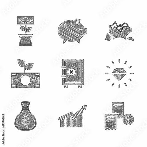 Set Safe, Financial growth increase, Paper or financial check, Diamond, Money bag, plant the pot, Broken piggy bank and icon. Vector