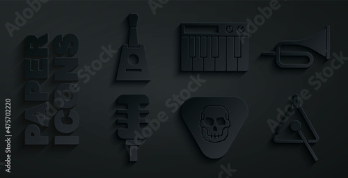 Set Guitar pick, Trumpet, Microphone, Triangle, Music synthesizer and Balalaika icon. Vector