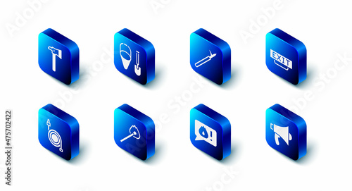Set Fire shovel and bucket, Metal pike pole, exit, Megaphone, Telephone call 911, Burning match with fire, hose reel and Firefighter axe icon. Vector