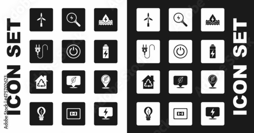 Set Water energy, Power button, Electric plug, Wind turbine, Battery, Lightning bolt, Location with leaf and Eco House recycling icon. Vector