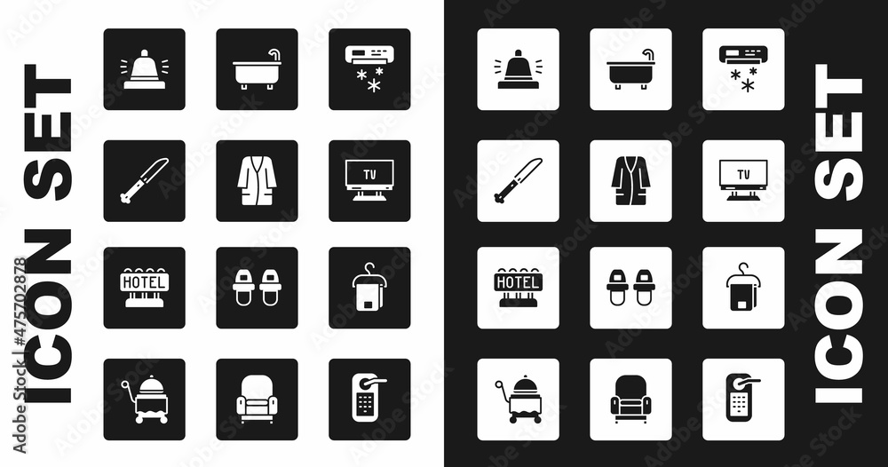 Set Air conditioner, Bathrobe, Knife, Hotel service bell, Smart Tv, Bathtub, Towel hanger and Signboard with text icon. Vector Set Air conditioner, Bathrobe, Knife, Hotel service bell, Smart Tv, Bathtub, Towel hanger and Signboard with text icon. Vector