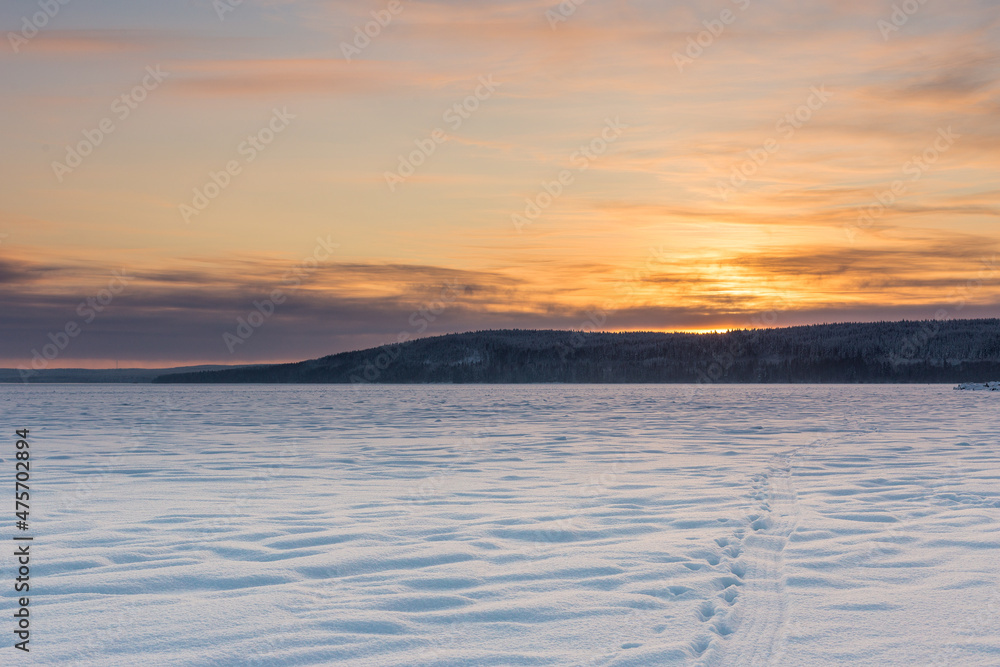 Winter Sunset on Onega Lake, Nordic landscape