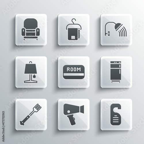 Set Hair dryer, Please do not disturb, Refrigerator, Hotel key card, Fork, Table lamp, Armchair and Shower head icon. Vector