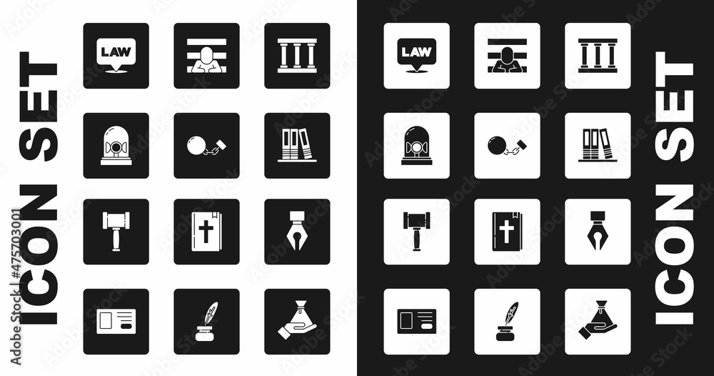 Set Prison window, Ball chain, Flasher siren, Location law, Office folders, Prisoner, Fountain pen nib and Judge gavel icon. Vector Set Prison window, Ball chain, Flasher siren, Location law, Office folders, Prisoner, Fountain pen nib and Judge gavel icon. Vector