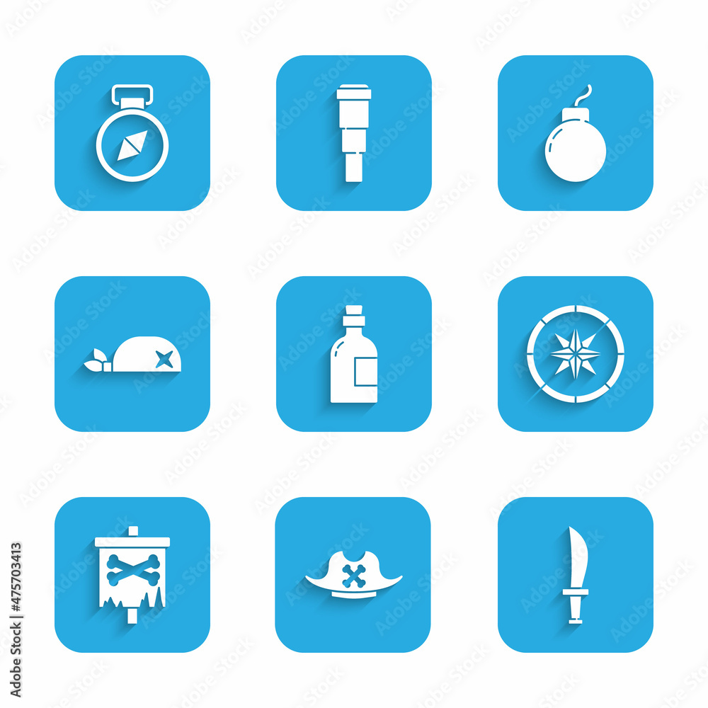 Set Alcohol drink Rum, Pirate hat, sword, Compass, flag, bandana for head, Bomb ready to explode and icon. Vector Set Alcohol drink Rum, Pirate hat, sword, Compass, flag, bandana for head, Bomb ready to explode and icon. Vector