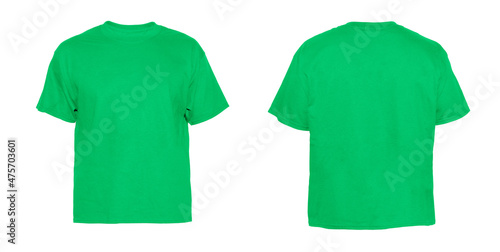 Blank T Shirt color irish-green on invisible mannequin green template front and back view on white background
 photo
