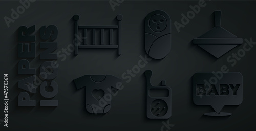 Set Baby Monitor Walkie Talkie, Whirligig toy, clothes, Newborn baby infant swaddled and crib cradle icon. Vector