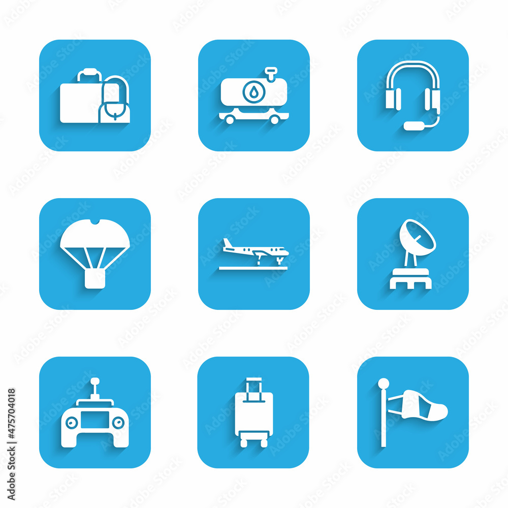 Set Plane, Suitcase, Cone meteorology windsock, Radar, Drone remote control, Box flying parachute, Headphones with microphone and icon. Vector Set Plane, Suitcase, Cone meteorology windsock, Radar, Drone remote control, Box flying parachute, Headphones with microphone and icon. Vector