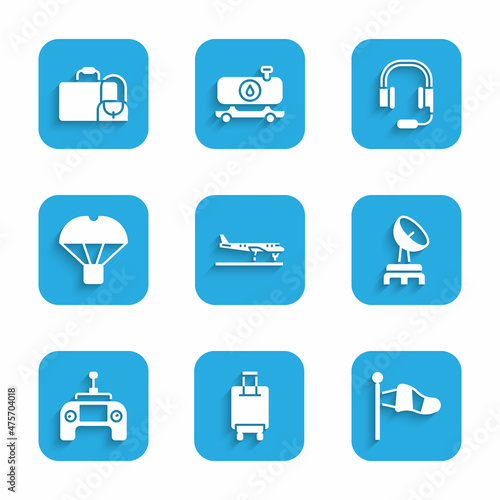 Set Plane, Suitcase, Cone meteorology windsock, Radar, Drone remote control, Box flying parachute, Headphones with microphone and icon. Vector