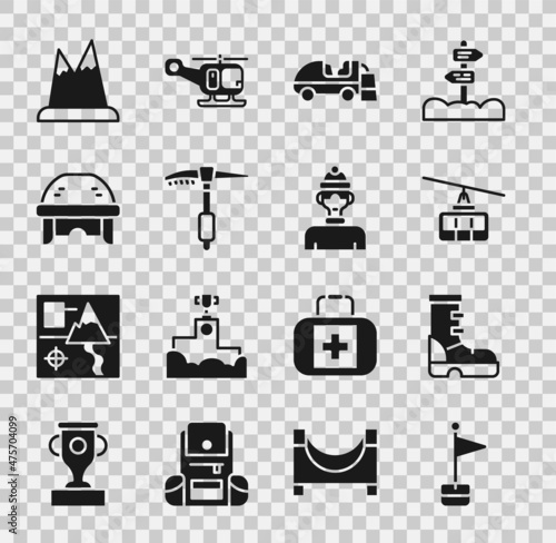 Set Location marker, Waterproof rubber boot, Cable car, Ice resurfacer, axe, Hockey helmet, Mountains and Winter athlete icon. Vector
