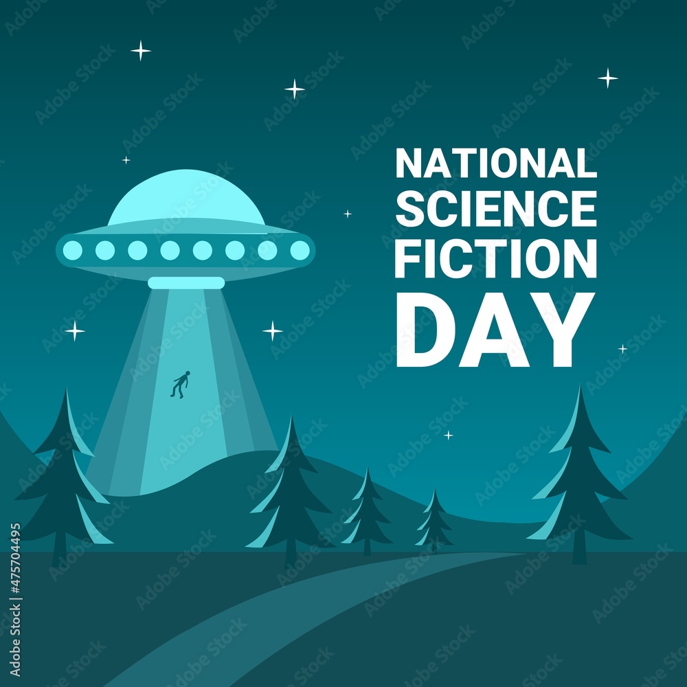 Vector illustration, Human abduction by UFO in a valley, as a banner or poster for World UFO Day or National Science Fiction Day. Vector illustration, Human abduction by UFO in a valley, as a banner or poster for World UFO Day or National Science Fiction Day.