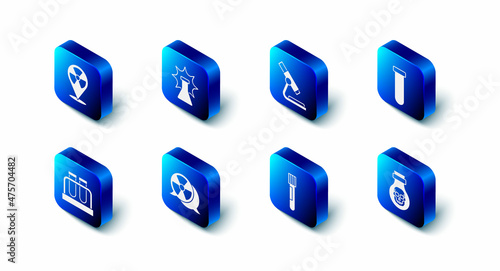 Set Chemical explosion, Microscope, Test tube and flask, Poison in bottle, Radioactive, and location icon. Vector