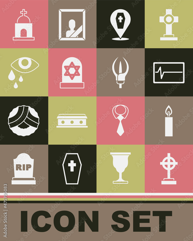 Set Grave with cross, Burning candle, Beat dead monitor, Coffin, star david, Tear cry eye, Old crypt and Lily flower icon. Vector Set Grave with cross, Burning candle, Beat dead monitor, Coffin, star david, Tear cry eye, Old crypt and Lily flower icon. Vector