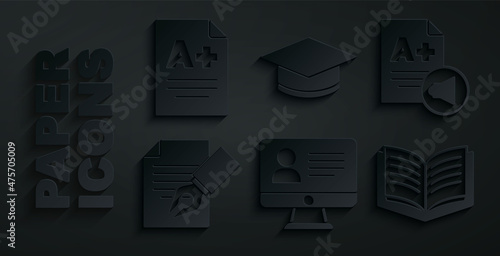 Set Online class, Exam sheet with A plus grade, and pencil, Open book, Graduation cap and icon. Vector